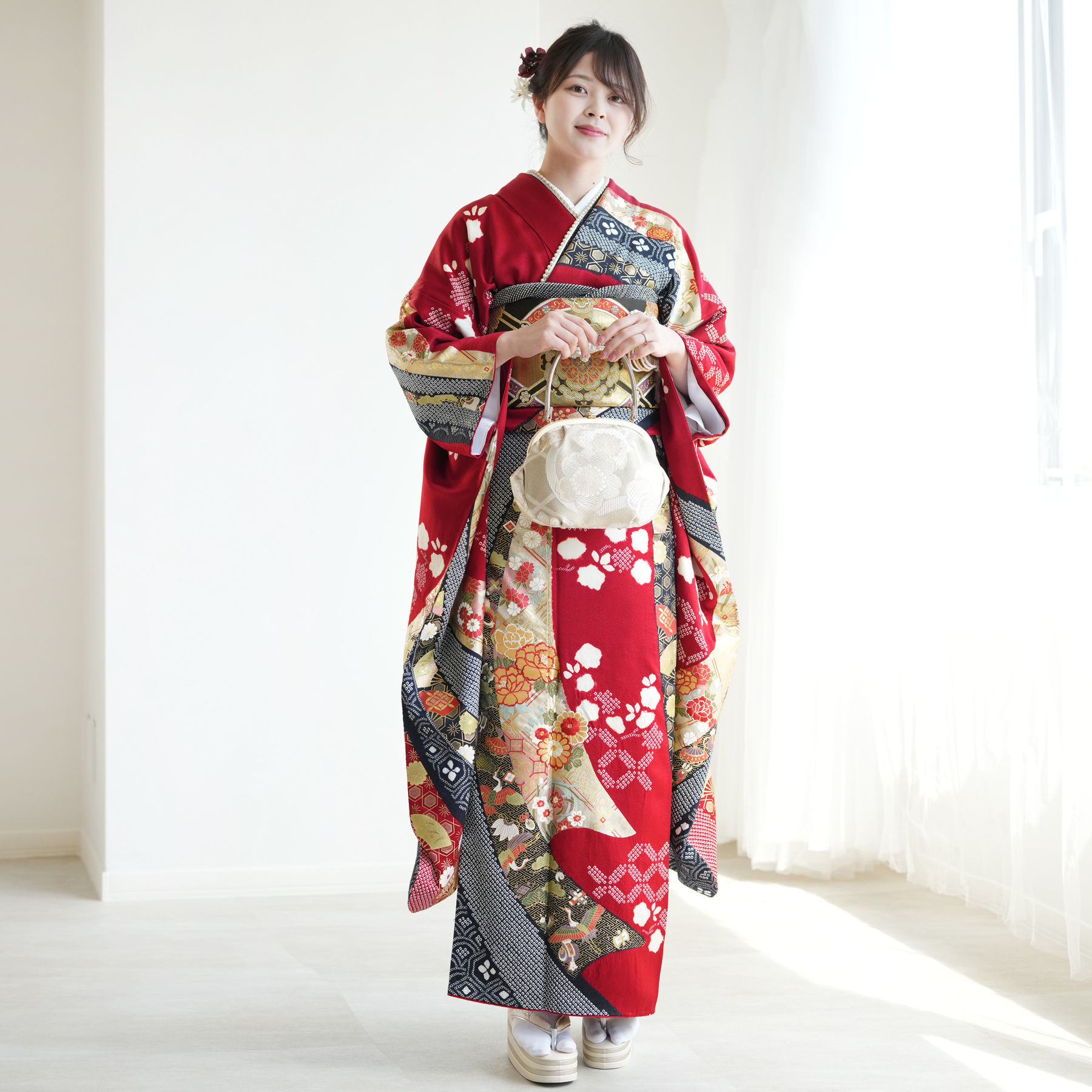 レンタル 振袖 成人式 正絹着物+袋帯 21点セット 絵羽 結婚式 赤系