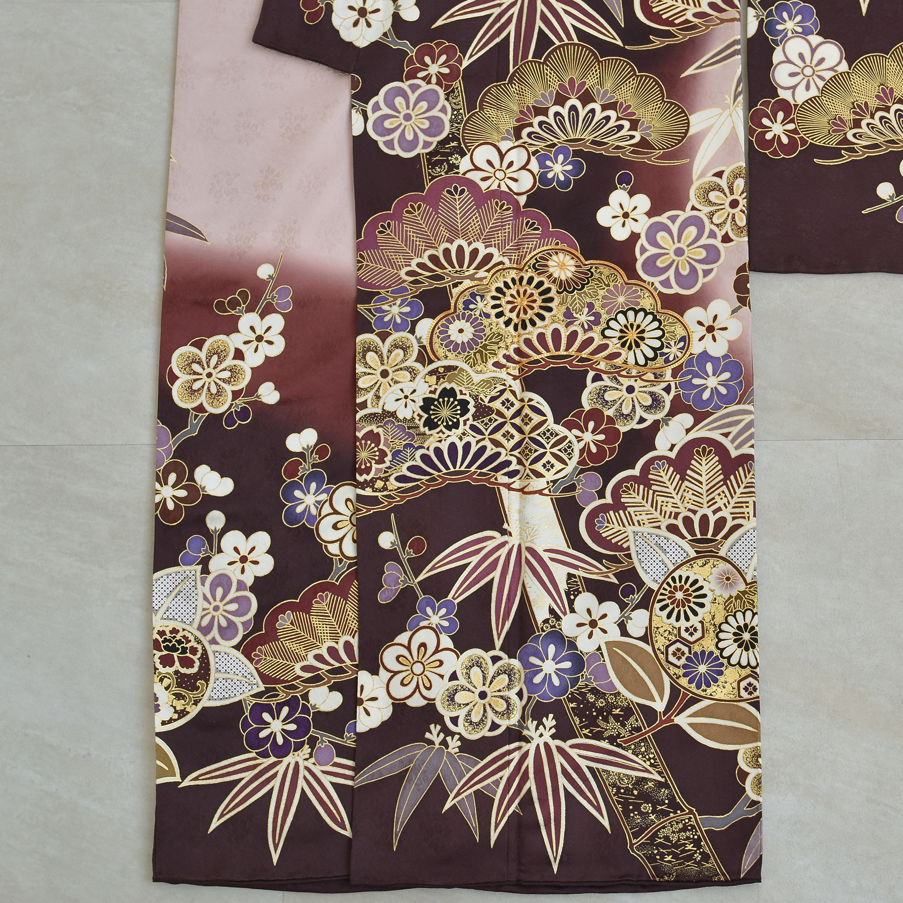 レンタル 振袖 正絹着物+袋帯 21点セット 絵羽 特選・渋紫に華やか吉祥