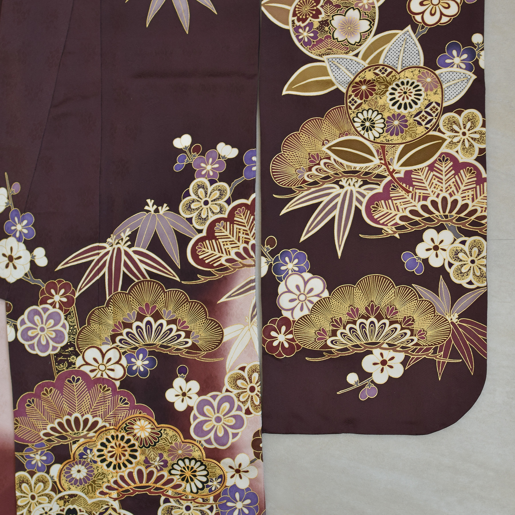 レンタル 振袖 正絹着物+袋帯 21点セット 絵羽 特選・渋紫に華やか吉祥