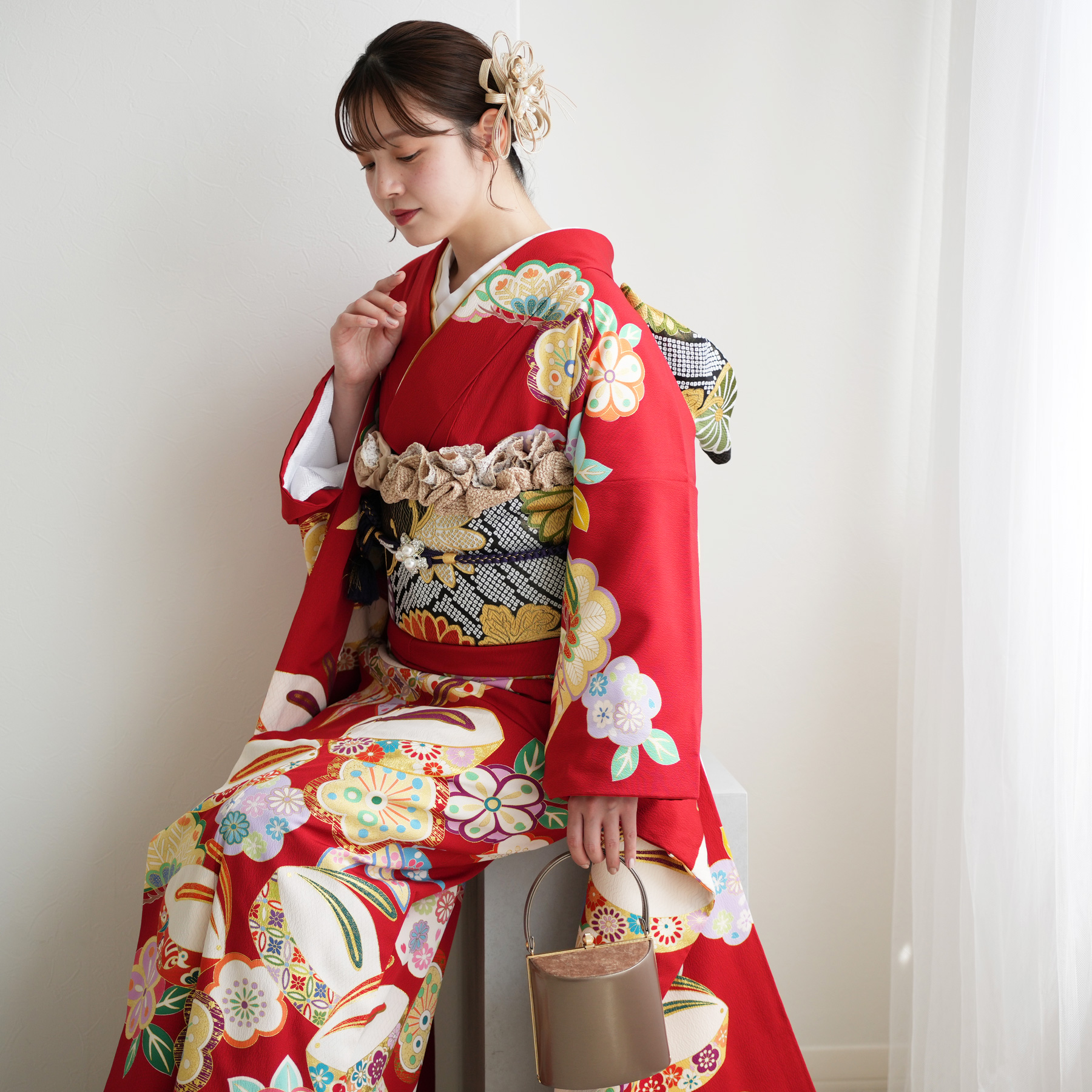 レンタル 振袖 正絹着物+袋帯 21点セット 絵羽 吉沢の友禅 特選・深緋