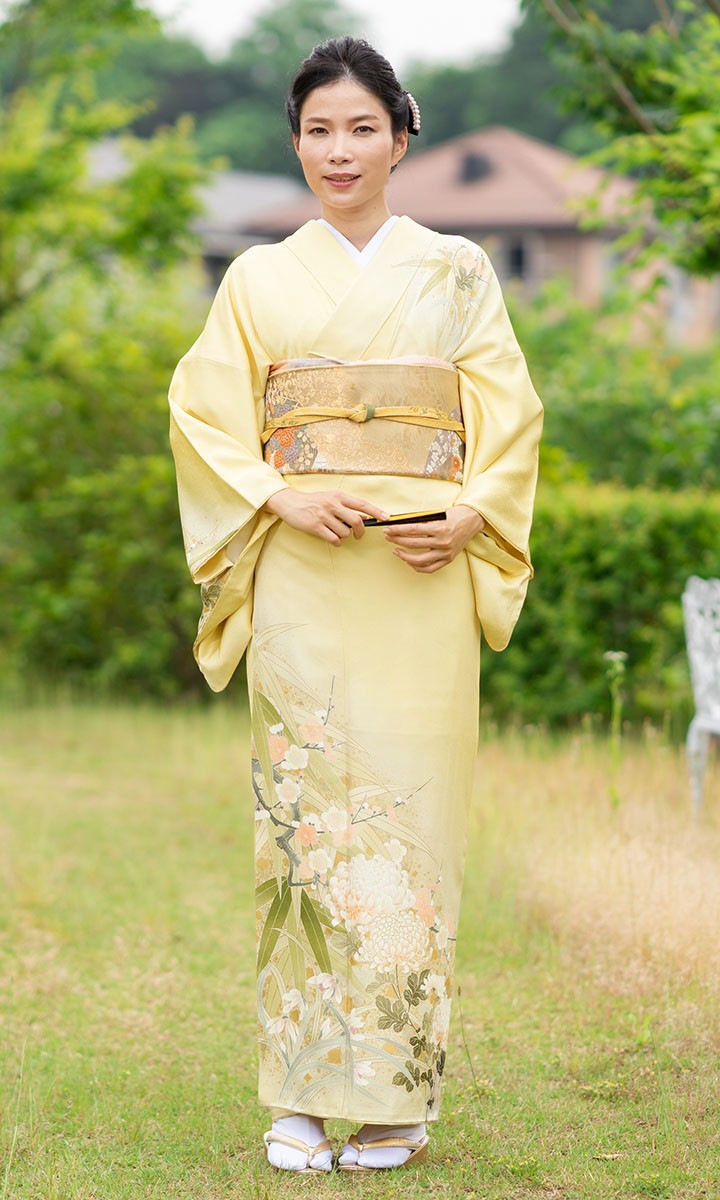 レンタル フルセット 高級正絹 訪問着 HO-MI088 淡黄色 菊・梅・笹