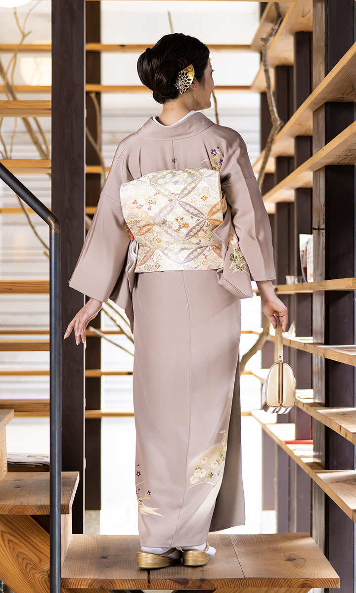 レンタル フルセット 高級正絹 訪問着 HO-MI220 茶鼠色 菊・萩・桔梗