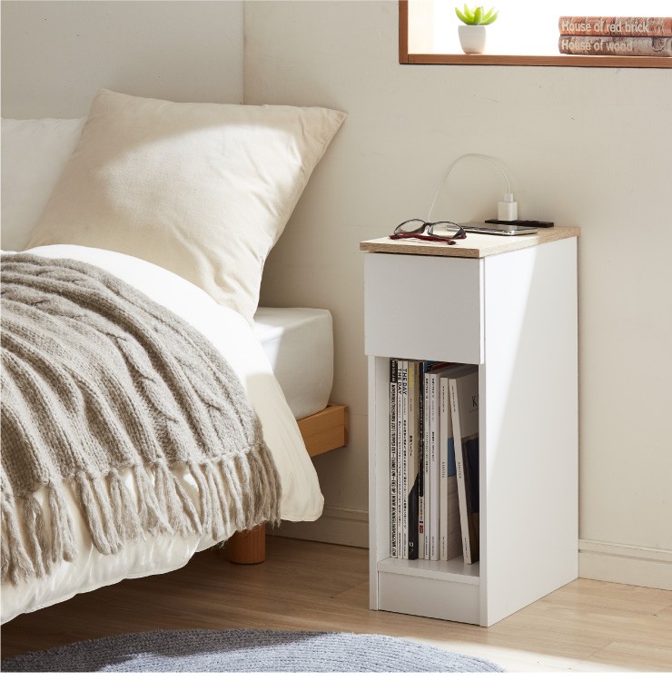 コンセント付き サイドテーブル 引き出し付きタイプ 幅20cm テーブル