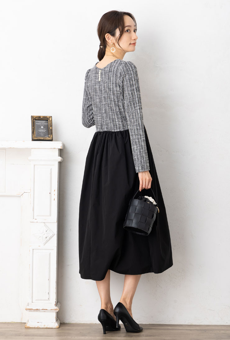 SALE40) (M〜LL)カット ツイード + タフタ ドッキング 異素材 切替