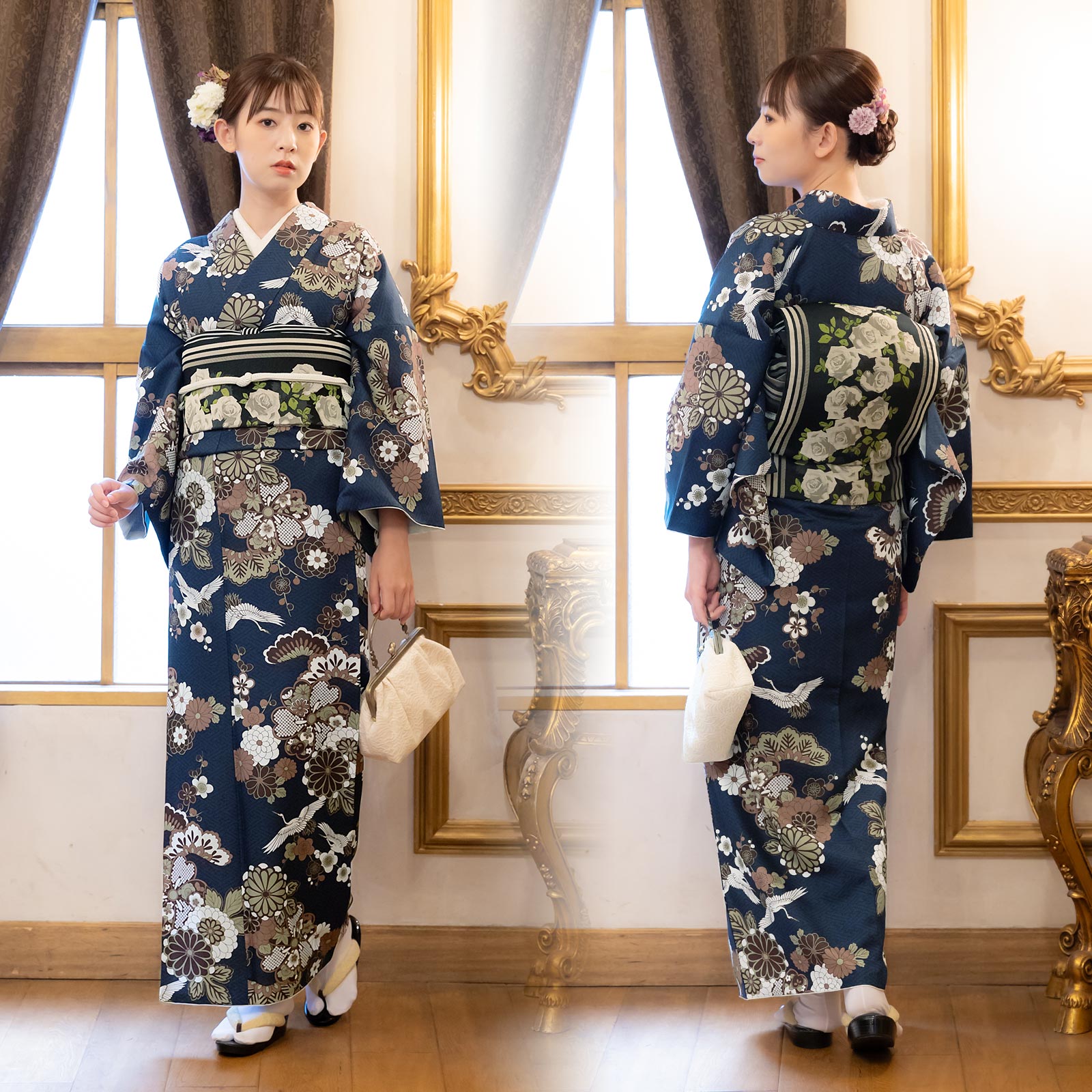 06鶴と花紋に紗綾形 紺色set：KIMONOMACHI オリジナル はじめての