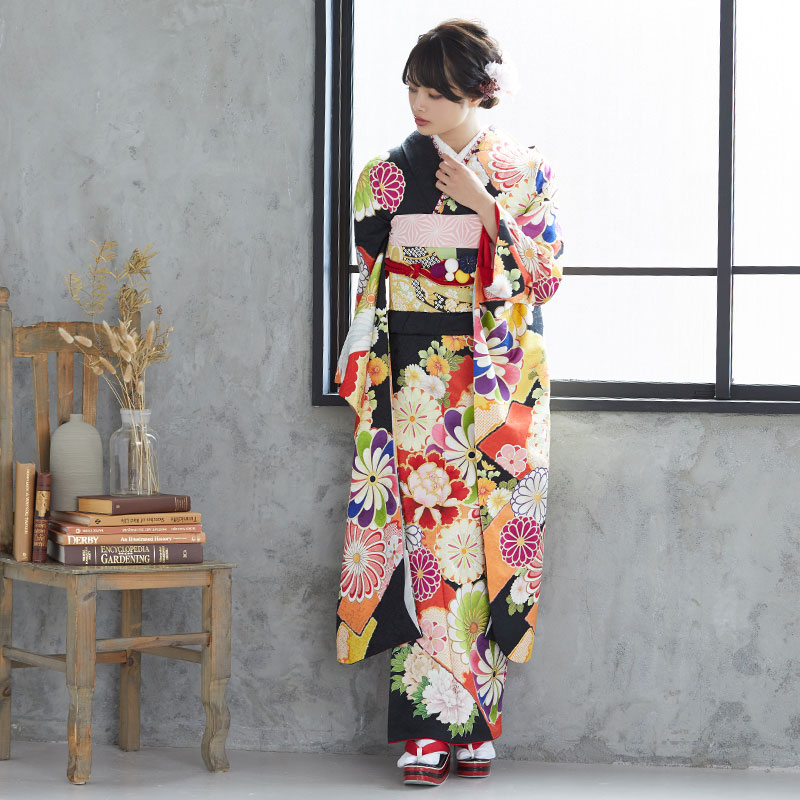 振袖 レンタル 成人式 結婚式 黒 牡丹にねじ梅鶴 紅一点 12月〜1月利用