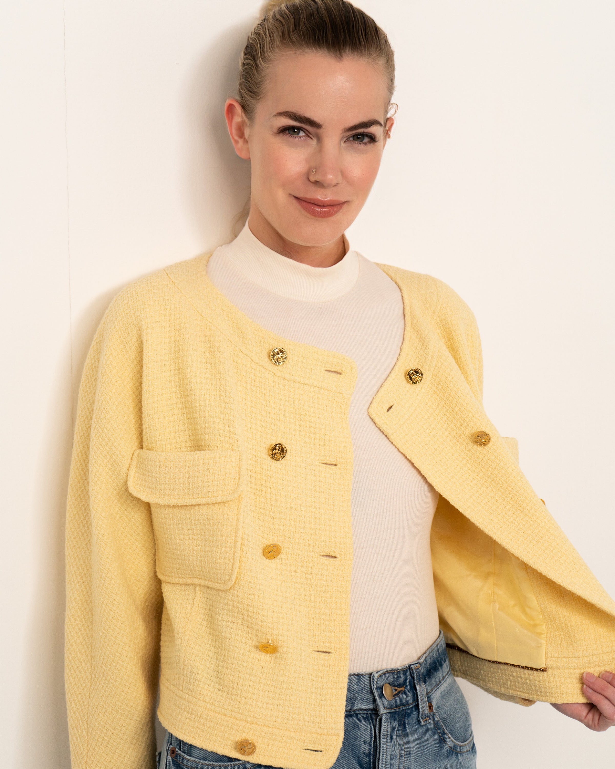 FR36 Chanel Spring 1988 Double-Breasted Cropped Jacket in Powder Yello