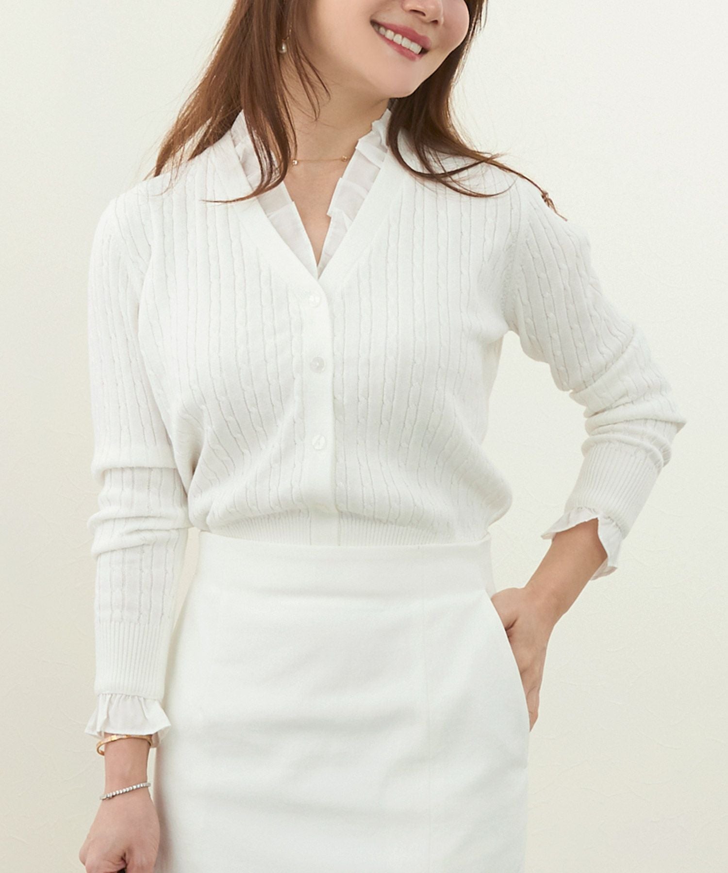 フリル付き ケーブル ニット カーディガン
