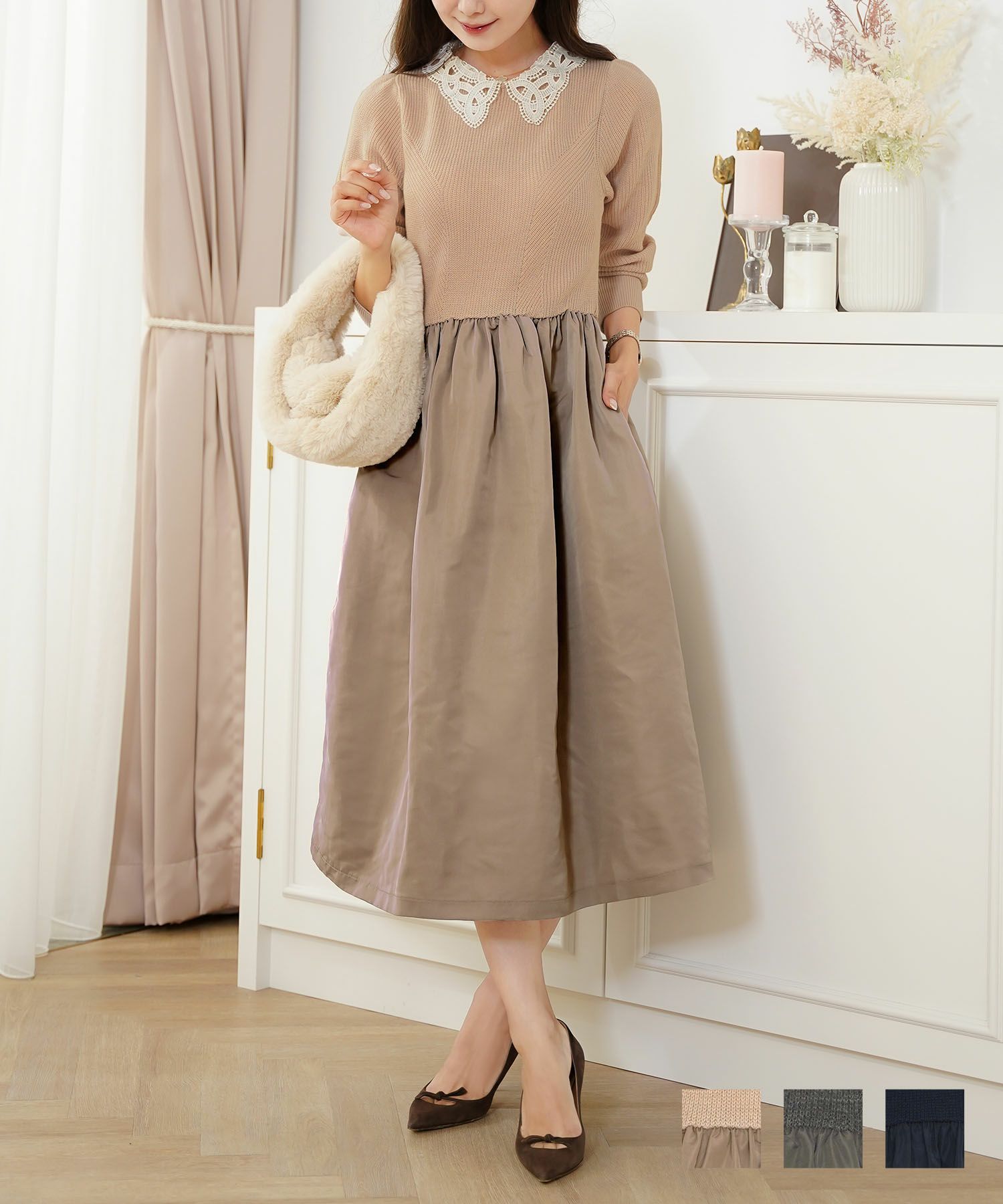 レース襟 ニット×タフタ ドッキング ワンピース le reve vaniller 全3