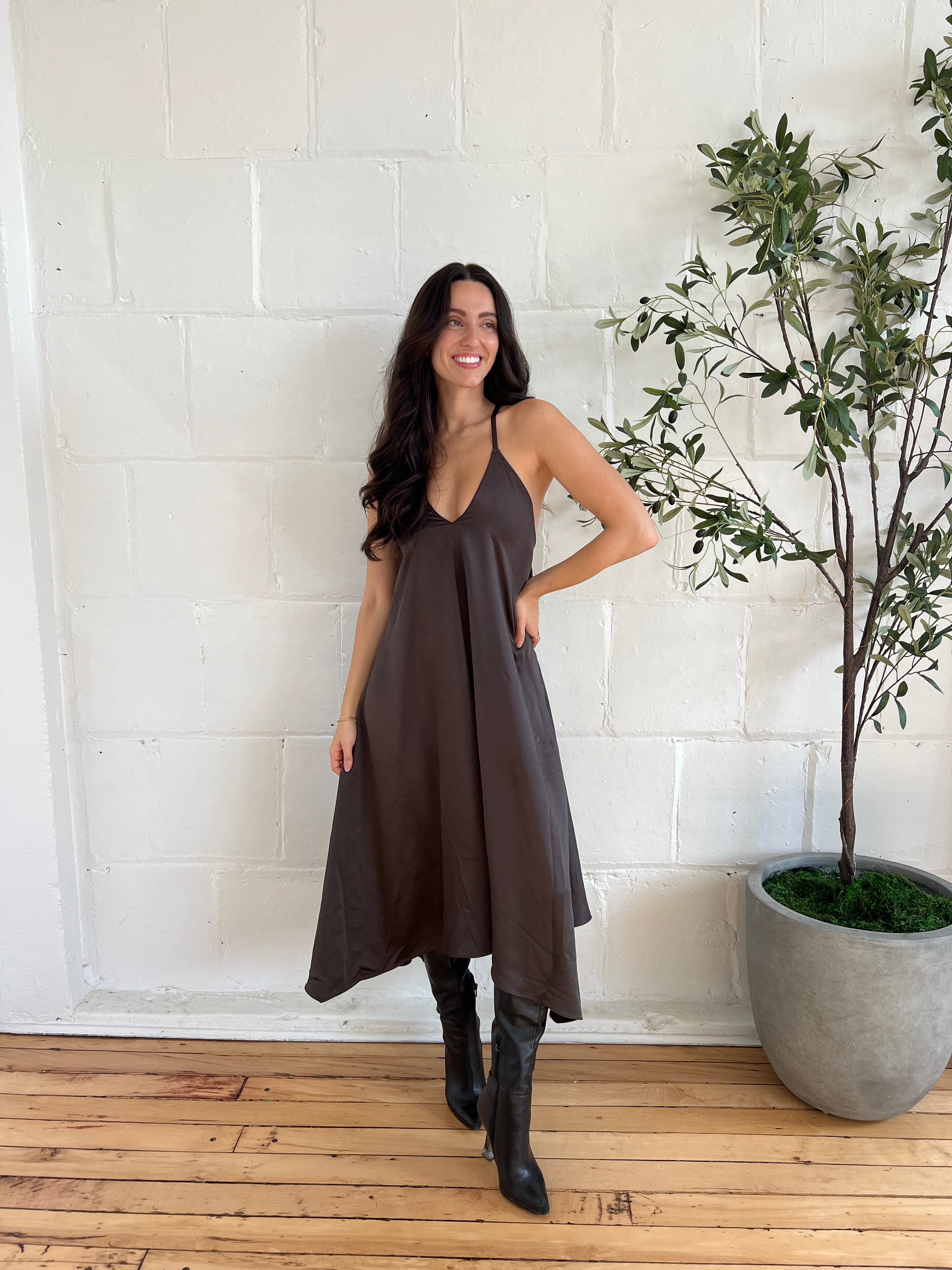 handkerchief hem satin dress – somewear in between