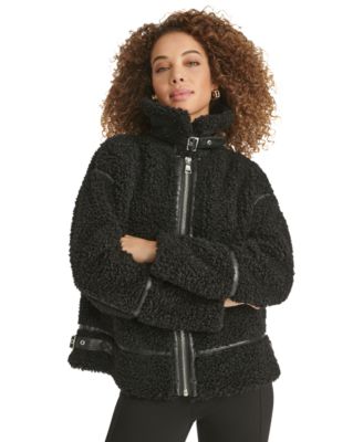 KARL LAGERFELD PARIS Women's Faux-Leather-Trim Teddy Moto Coat