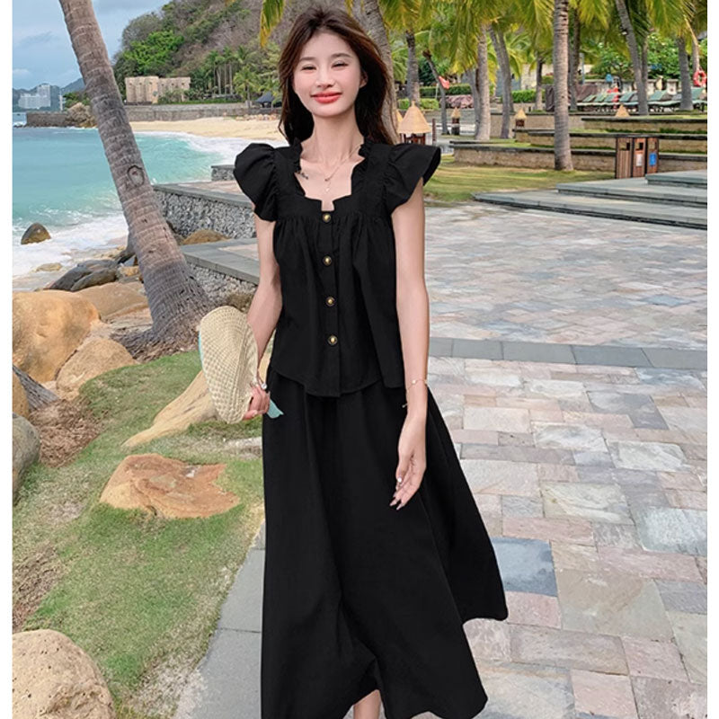 スクエアネックフレアセットアップ(2colors)（茶・黒）春/夏 頑張り