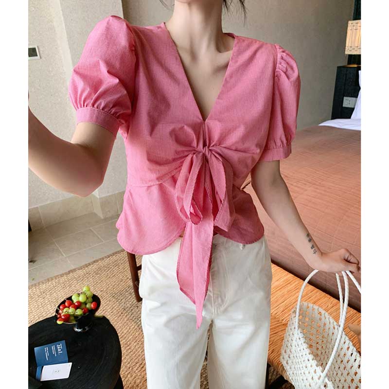 Vネックフロントリボントップス(2colors)（ピンク・青）春/夏 甘さと