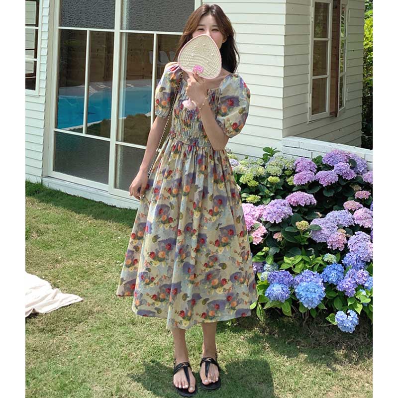 オフショルダー花柄ワンピース（青）春/夏 オフショルでヘルシーな肌見せ