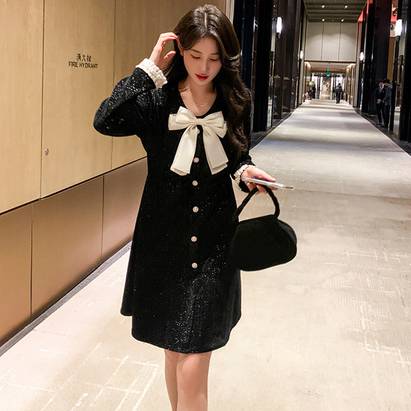 リボン付きオケージョンミニワンピース 黒 春/秋 大人可愛い