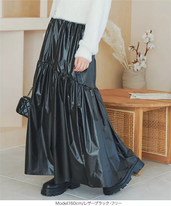 レザーライクorメタリックギャザーフレアスカート [M4001