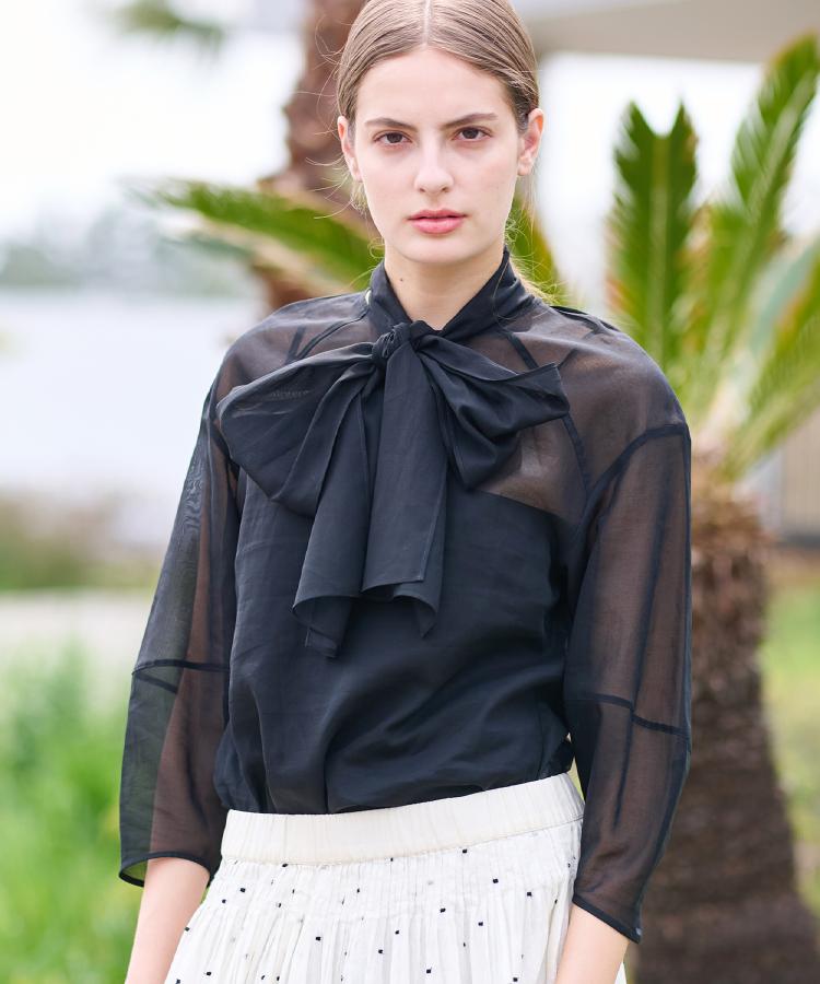 2WAY/清涼感】袖ボリュームシア―ボウタイブラウス（シャツ・ブラウス