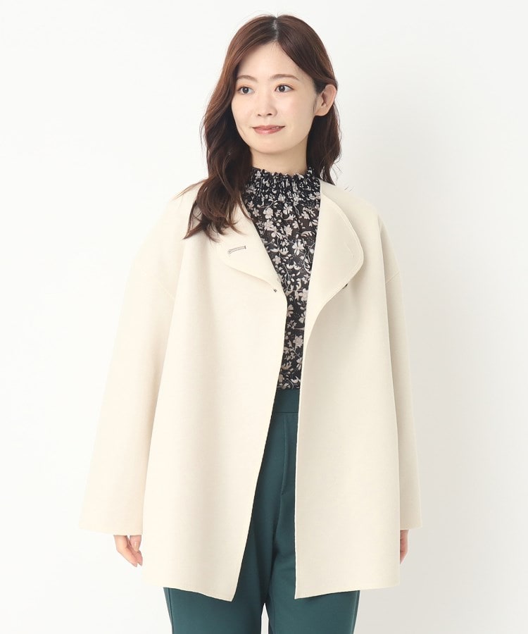 配色ボタンホールが可愛い！】ノーカラーライトコート（ノーカラー