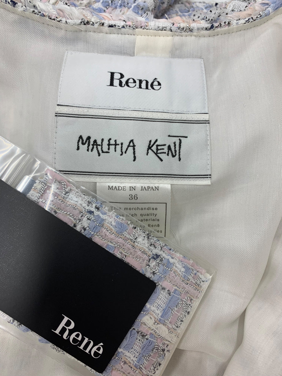 ルネ 6316410 ワンピース 36 ブルー ツイード フラワービジュージップ