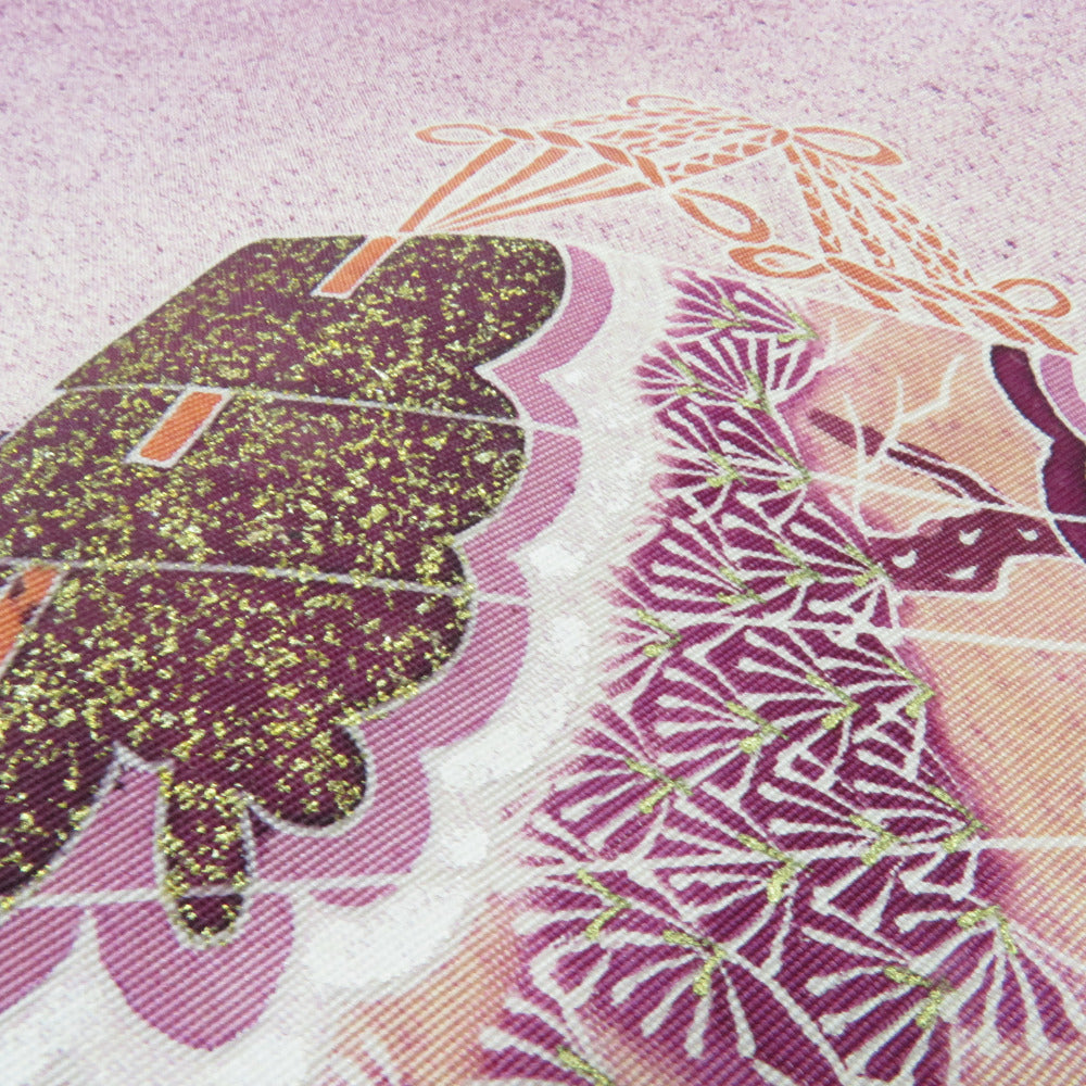 名古屋帯 正絹 塩瀬 扇子文様 お太鼓柄 九寸帯 紫色 カジュアル 仕立て