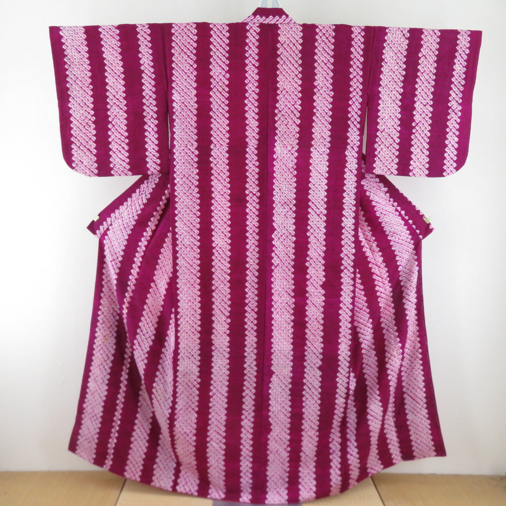 小紋 アンティーク 総絞り 縞文様 紫根染 紫色 袷 バチ衿 正絹 レトロ