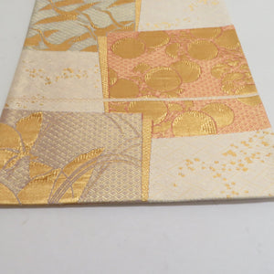 袋帯 岡野武武一郎 本綾佐賀野錦 紗綾形に花や鶴など 金x白xオレンジ