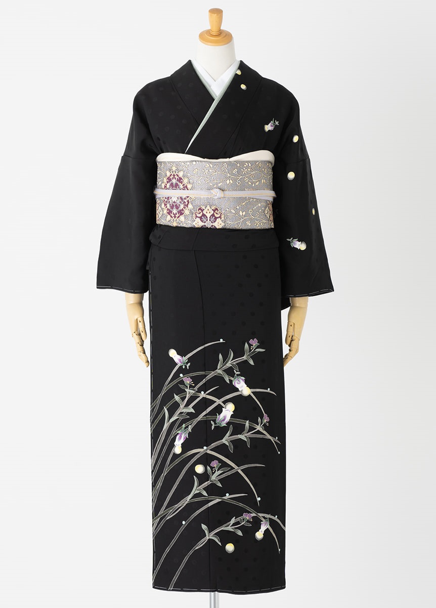 やまとオリジナル訪問着レンタル 加賀友禅 黒 ほほ蛍 橋本静香 L