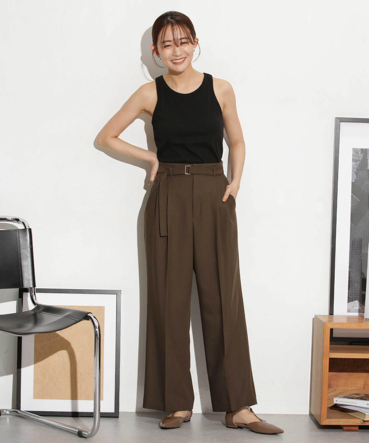 ベルト付きセミワイドツイルパンツ