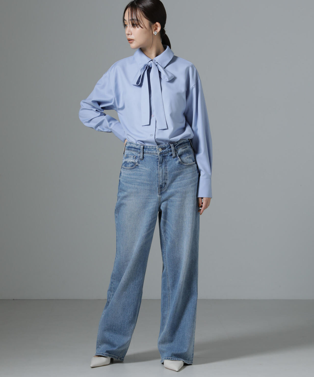 3WAY 共地 リボン 付き バックタック シャツ