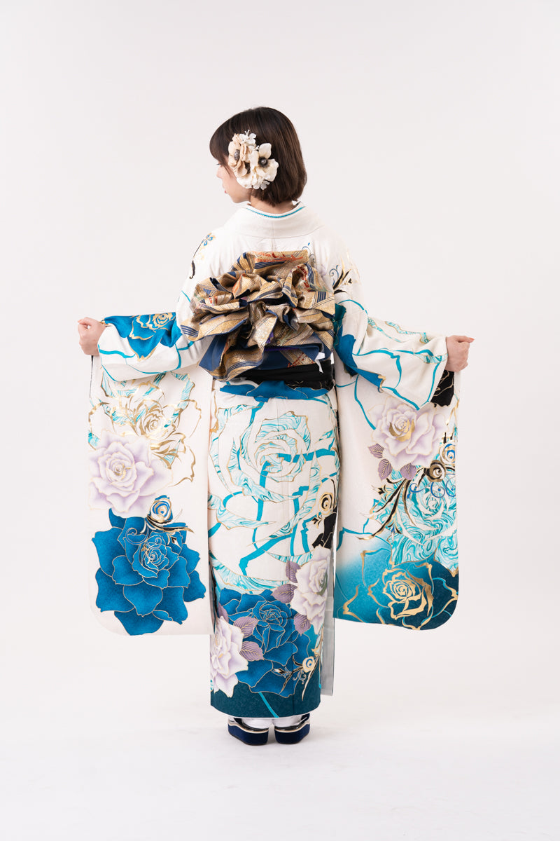 白地 青 水色 薔薇 正絹振袖【143】 – SAKURA TOKYO