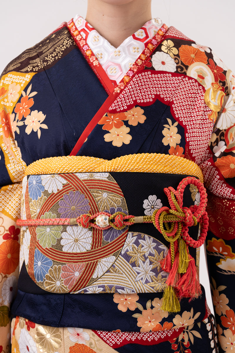 紺 オレンジ花・流水柄 正絹振袖【148】 – SAKURA TOKYO