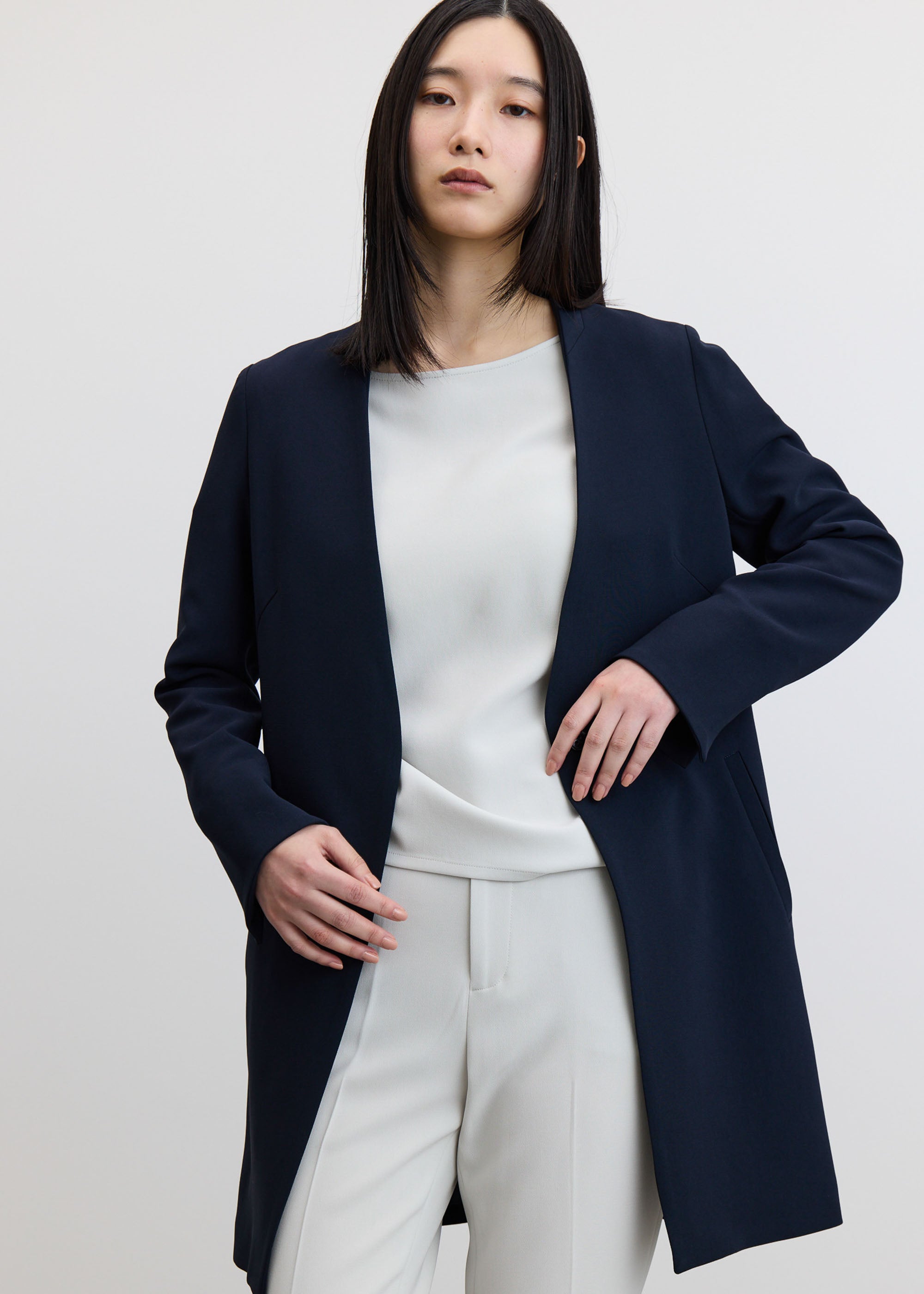 極美品✨SOÉJU ロングノーカラージャケット ネイビー ストレッチ L