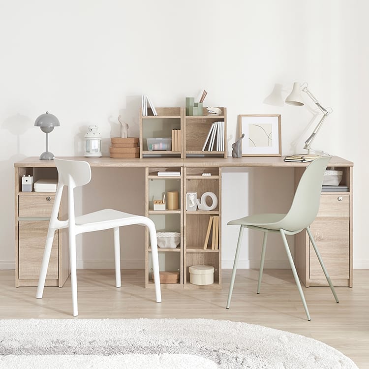 幅200] 学習机 2人用ツインデスク 本棚・サイドラック付き 子供部屋