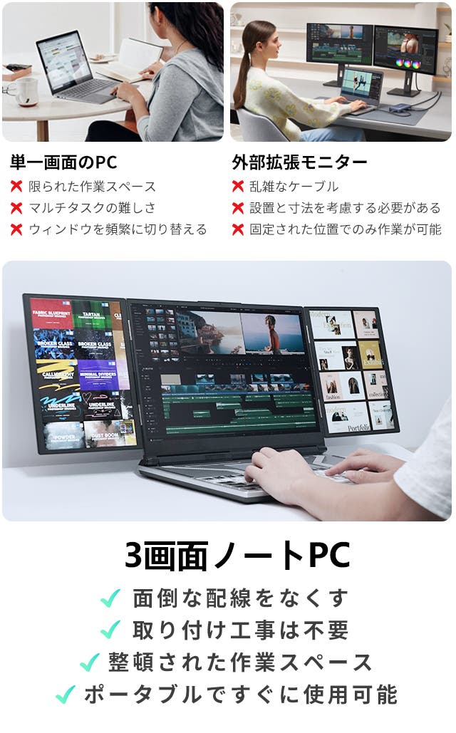 拡張モニターではなく、究極の3画面ノートPC！仕事からエンタメまで