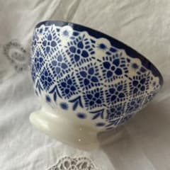希少】モロッコ柄 レース柄 青色カフェオレボウル フランス