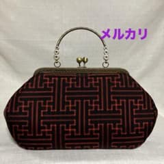大島紬 龍郷 秋名バラ 赤4玉 がま口バッグ ハンドメイド 着物バッグ