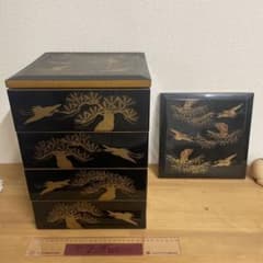 鶴 松 漆 金箔 お重箱 4段 2段 骨董品 昭和 漆塗り 重箱 お弁当箱