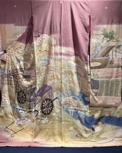 アンティーク振袖 薄紫 おしどり御所車文様ヴィンテージ正絹淡色