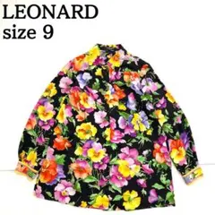 P263 美品 L レオナール カンカン素材 総柄 ブラウス ブルー