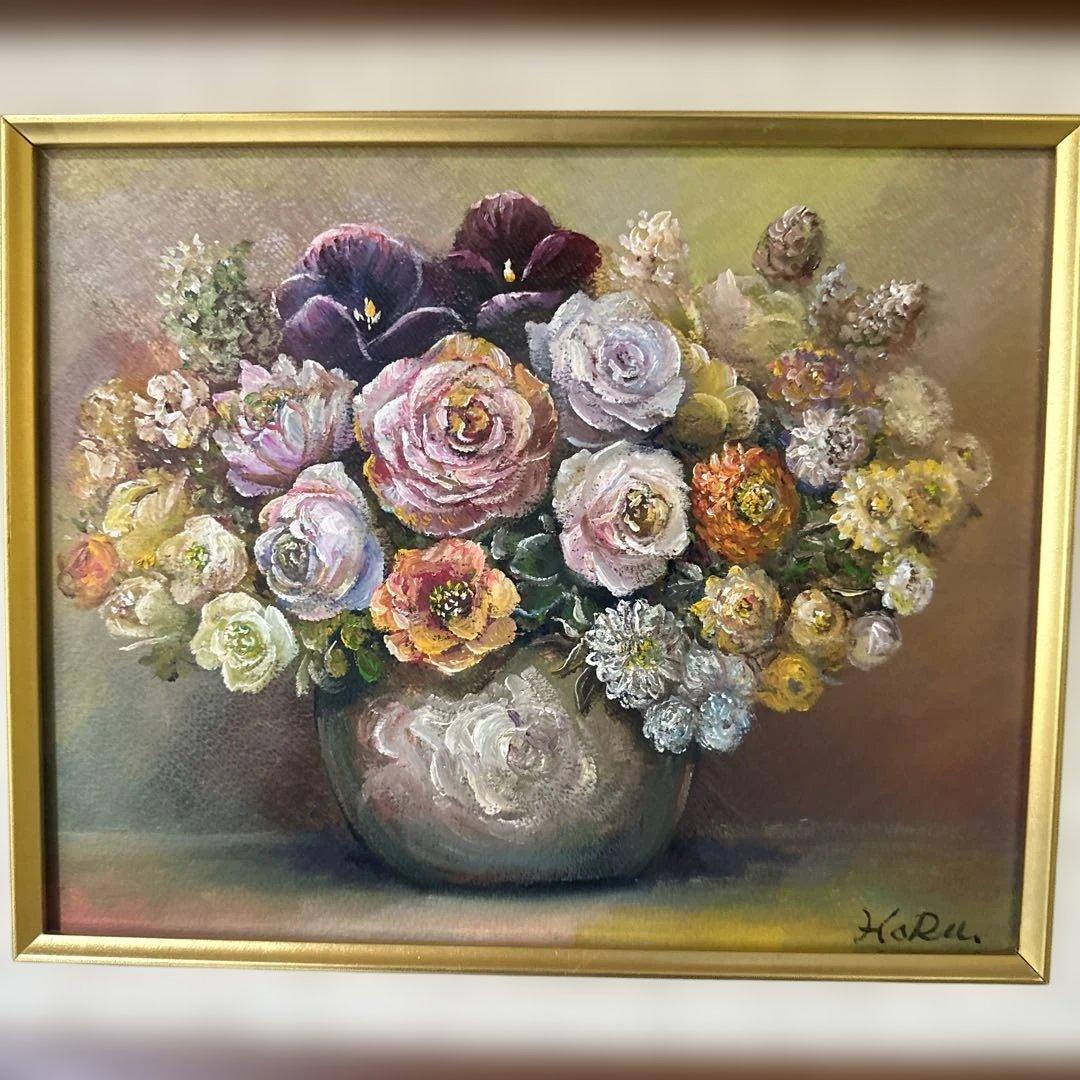 肉筆 真作 絵画 花瓶の薔薇の油彩画 美術品 ア-ト インテリア 静物
