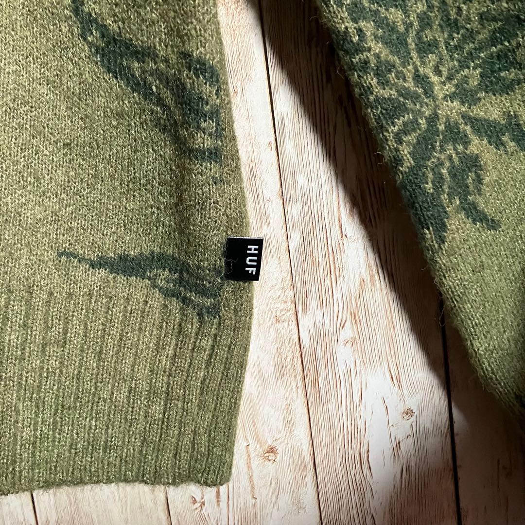 304【美品】HUF ハフ ニットセーター マリファナ柄 大麻柄 カーキ L
