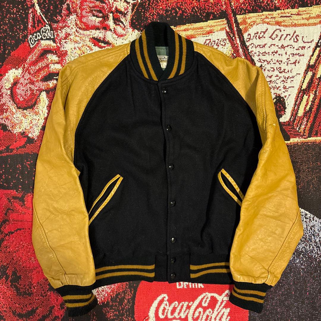 60s〜70s ウール/レザースタジャン ヴィンテーUSA製　DeLONG 60s DeLONGデロング パッチ付き メルトン ウール 袖革スタジャン