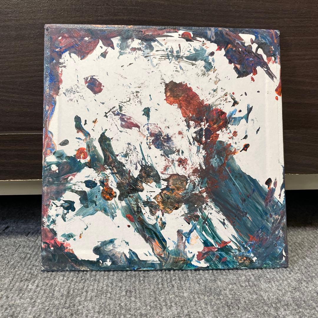 アクリル抽象画 青とオレンジの抽象画 ポーリングアート 約20cm×20cm