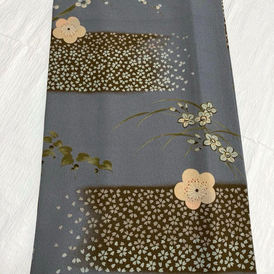 美品✨】東レシルック さんび 洗える着物 小紋 利休鼠色 四季草花模様