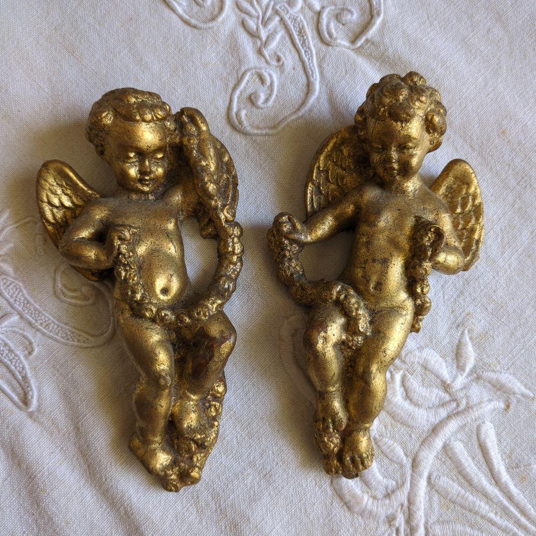 フランスアンティーク 壁飾り 天使 ペア 石膏 B) フランス アンティーク 壁飾り エンジェル 天使 壁掛け 石膏 25.5