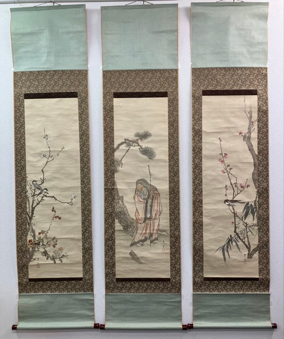 松村呉春 3幅（白梅・寿老人・赤梅） 絹本 掛軸 - メルカリ