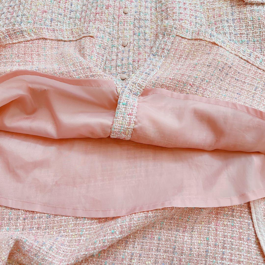 areeam ピンク系ミックスツイード長袖マキシワンピース 異素材 ベルト