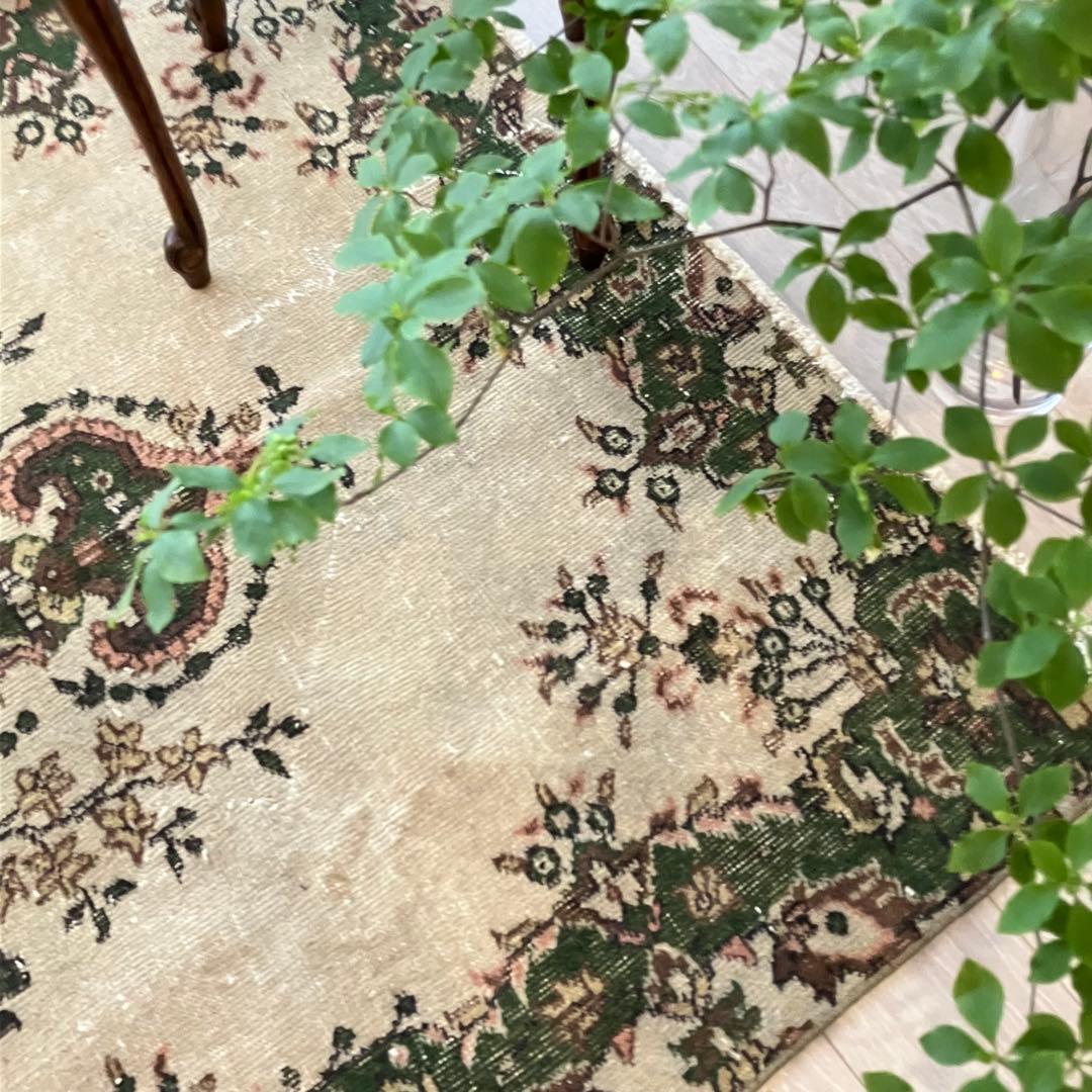 メダリオン113×199カーキ リッチwool グリーン トルコヴィンテージラグ