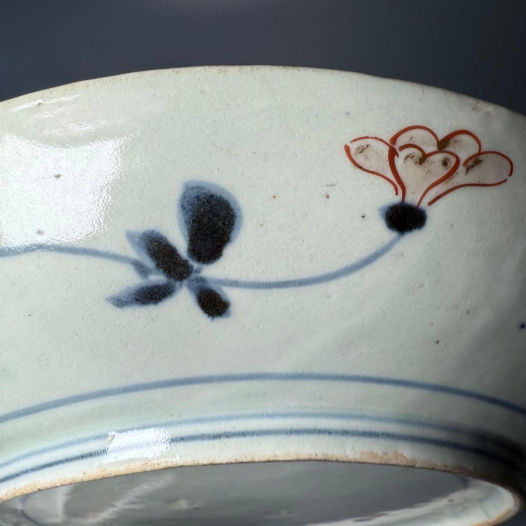 元禄伊万里 色絵花鳥図七寸皿 建築物 金蘭手 赤絵 裏椿文 状態◎ 蒐集