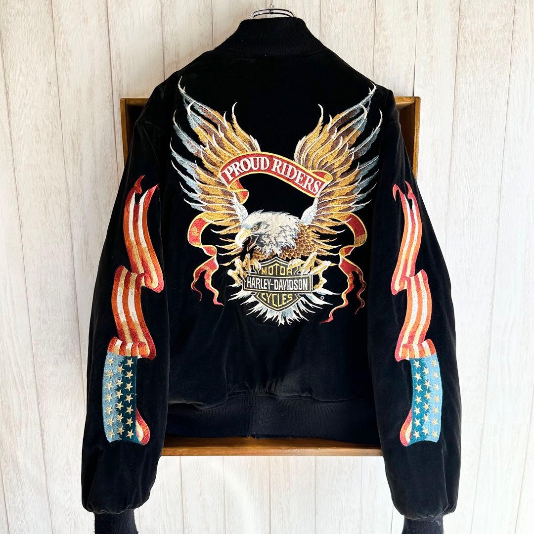 ハーレーダビッドソンスカジャン 別珍 ベロア 刺繍 イーグル 国旗 黒 L